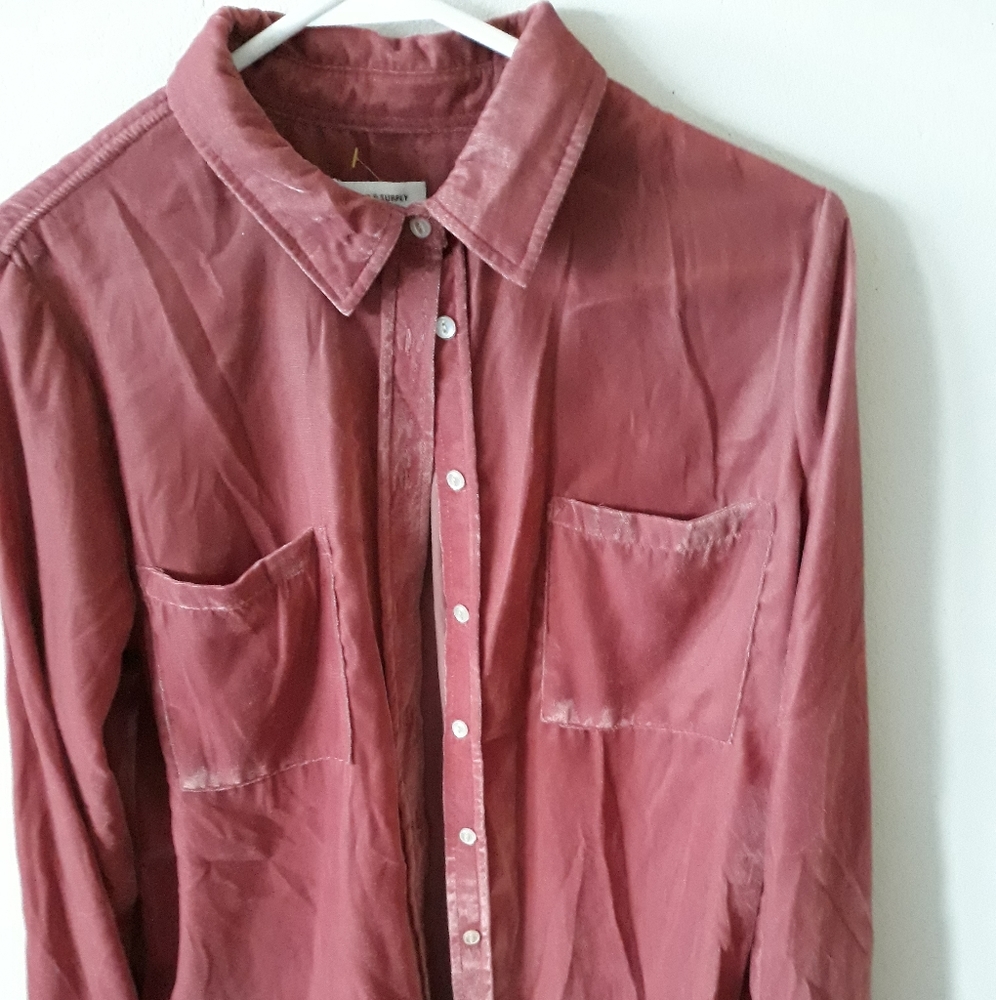 Thread and Supply Velvet button down shirt NWOT Pink Valentine's Day